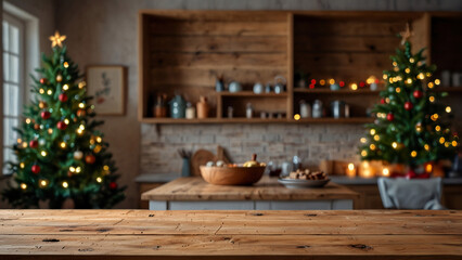 Festive kitchen backdrop with empty wooden table in foreground, Christmas tree and twinkling lights, warm light kitchen