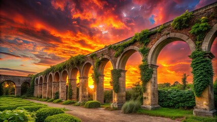 Fototapeta premium Stone Arches Frame a Vibrant Sunset, Painting the Sky with Warm Hues and Illuminating the Lush Green Foliage