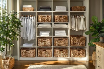 Neatly arranged closet system with woven baskets. Generative Ai