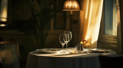 A Table Setting with Wine Glasses and a Flower Arrangement
