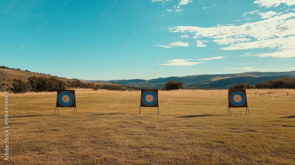 Poster A pristine archery range in an open field, Targets and bows systematically placed, Traditional outdoor style