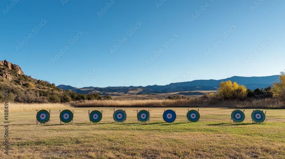 Poster A pristine archery range in an open field, Targets and bows systematically placed, Traditional outdoor style
