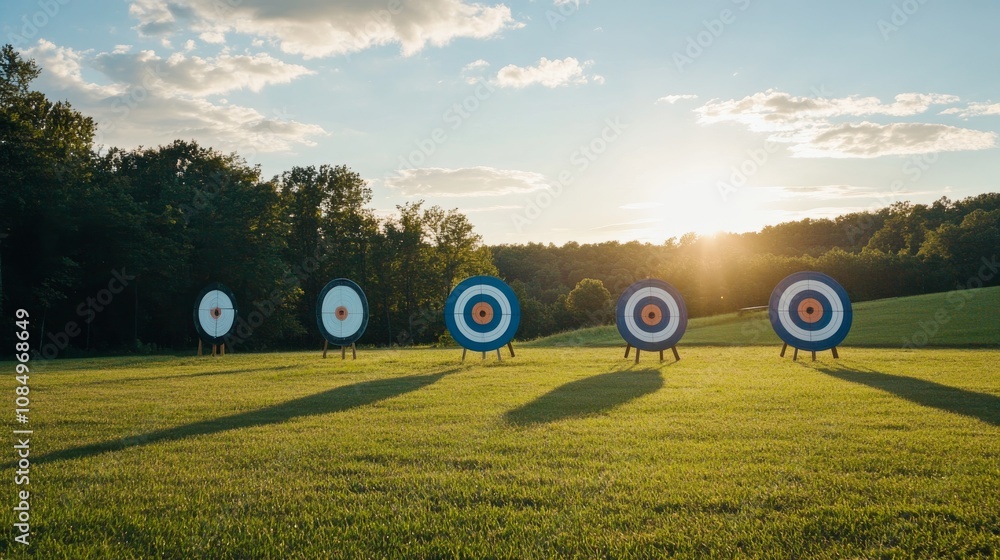 Poster A pristine archery range in an open field, Targets and bows systematically placed, Traditional outdoor style