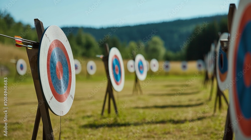 Poster A pristine archery range in an open field, Targets and bows systematically placed, Traditional outdoor style
