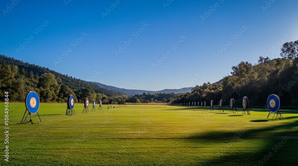 Poster A pristine archery range with bows and arrows neatly arranged at the shooting line, A clear, open field with targets at the far end