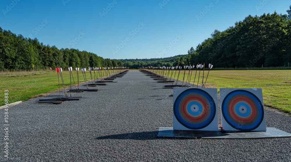 Aufkleber a pristine archery range with bows and arrows neatly arranged at the shooting line, a clear, open fi