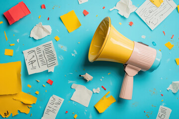Fake News, Content Sharing. A vibrant megaphone surrounded by colorful scraps of paper on a bright blue surface, conveying a sense of creativity and communication.