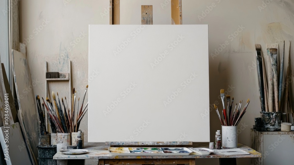 Poster A pristine art studio with paintbrushes and a palette neatly arranged beside a blank canvas, A well-lit room with clean walls and ample natural light, Minimalist artistic style