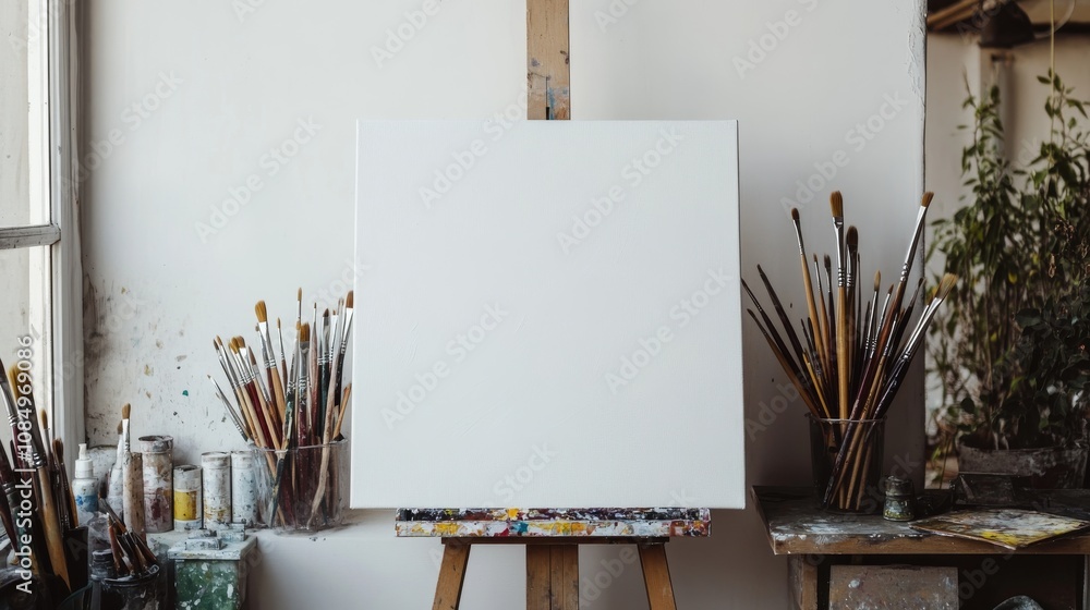 Poster a pristine art studio with paintbrushes and a palette neatly arranged beside a blank canvas, a well-