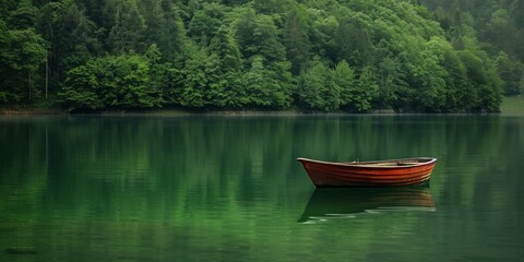 Obraz premium Serene Lake with Rowboat and Lush Green Forest