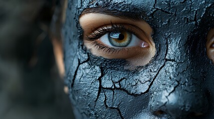 Cracked Black Clay Mask Close-Up on a Woman’s Face with Blue Eyes