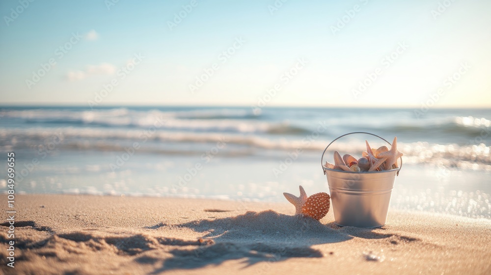 Poster a pristine beachcombing setup with a bucket and beach finds neatly placed on the sand, a sunny beach