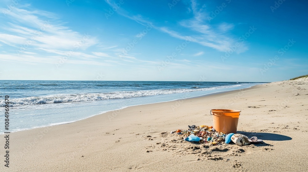 Aufkleber a pristine beachcombing setup with a bucket and beach finds neatly placed on the sand, a sunny beach