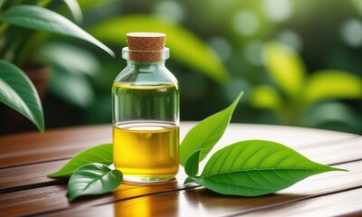 Natural essential oil in glass bottle with fresh green leaves on wooden table
