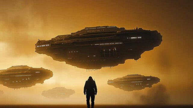 Massive floating mechanical structures hover against an orange-tinted sky. Silhouetted figure stands on barren terrain beneath colossal alien vessels. 