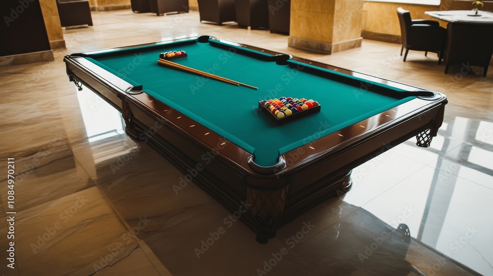 Poster a pristine billiards room with cues and balls meticulously arranged on the table, a well-lit space w