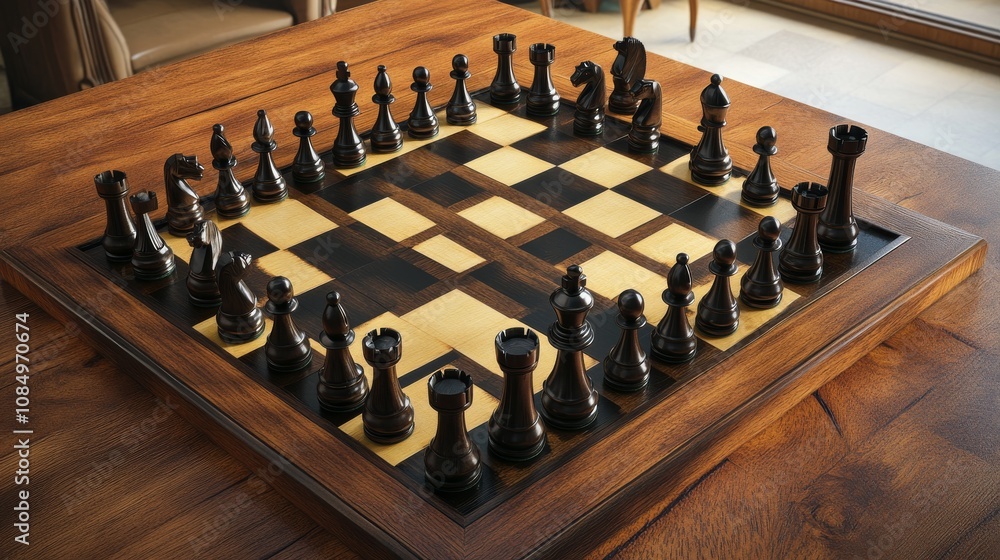 Poster A pristine chess board with elegantly crafted chess pieces neatly arranged, A well-lit room with an inviting wooden table, Minimalist strategic style