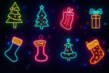 Vintage-inspired Christmas scene featuring neon lights in the form of Christmas symbols--trees, stockings, and bells--set against a deep, dark backdrop for a lively retro feel.