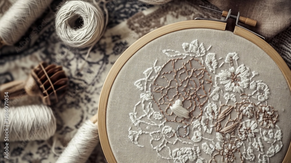 Poster a pristine embroidery workspace with needles and threads neatly arranged on a hoop, a cozy room with