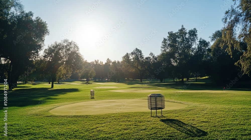 Poster A pristine frisbee golf course with discs neatly arranged near the starting tee, A bright, open field with clearly marked baskets and soft grass