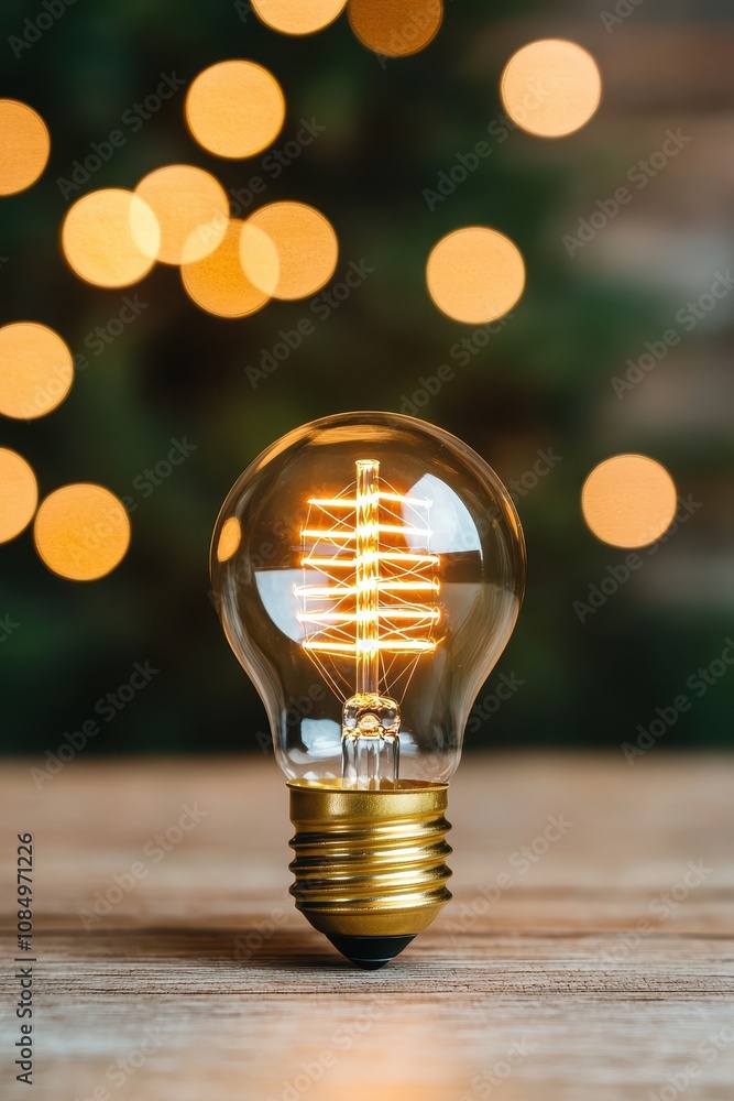 Poster a glowing light bulb on a wooden surface, with blurred bokeh lights in the background, creating a wa