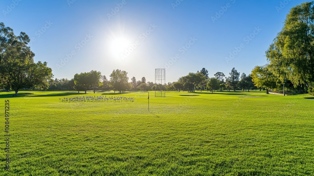 Poster a pristine frisbee golf course with discs neatly arranged near the starting tee, a bright, open fiel