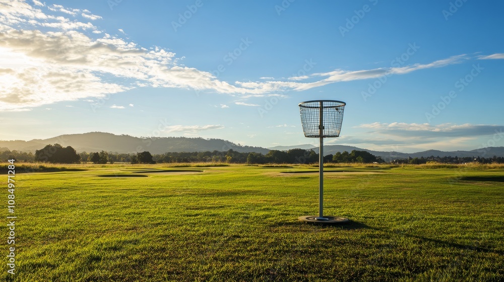 Aufkleber a pristine frisbee golf course with discs neatly arranged near the starting tee, a bright, open fiel