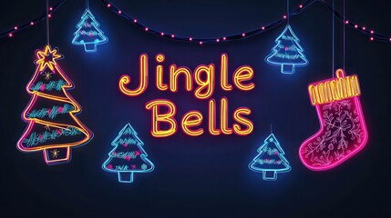 Vintage neon Christmas banner with bright neon lights in the shape of Christmas trees and stockings, set against a deep, dark background. Text: "Jingle Bells" in playful neon style.