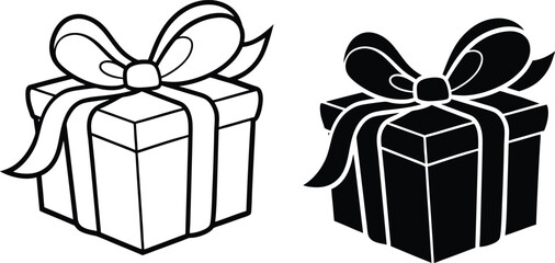 Present Box Illustrations Black, White, Gift, Ribbon, Bow, Holiday, Celebration, Surprise, Package, 