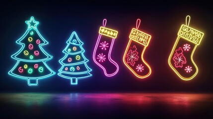 Vintage neon Christmas banner with bright neon lights in the shape of Christmas trees and stockings, set against a deep, dark background.