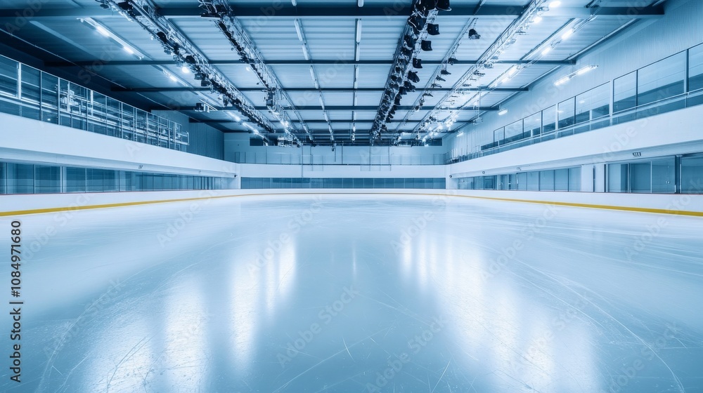 Poster a pristine ice skating rink with neatly arranged skates and safety gear, an open, well-lit arena wit