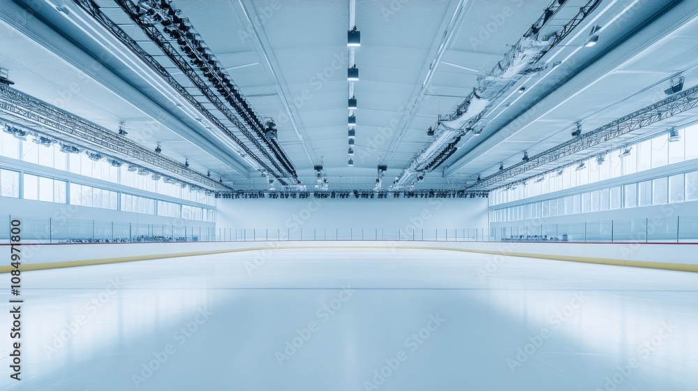 Poster a pristine ice skating rink with neatly arranged skates and safety gear, an open, well-lit arena wit