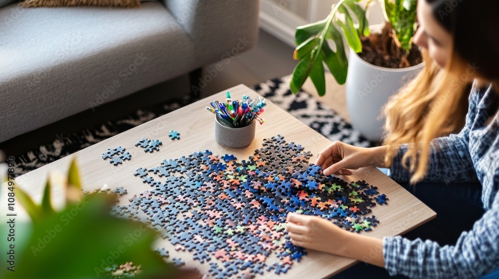 Poster A pristine jigsaw puzzle workspace with pieces and a completed section neatly arranged on a table, A cozy room with natural light and comfortable seating, Minimalist recreational style