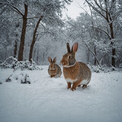 A pair of rabbits hopping through a snowy wonderland.