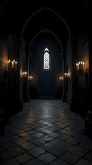 Fototapeta premium Spacious halls in the castle, gothic setting with candles, dark and creepy background