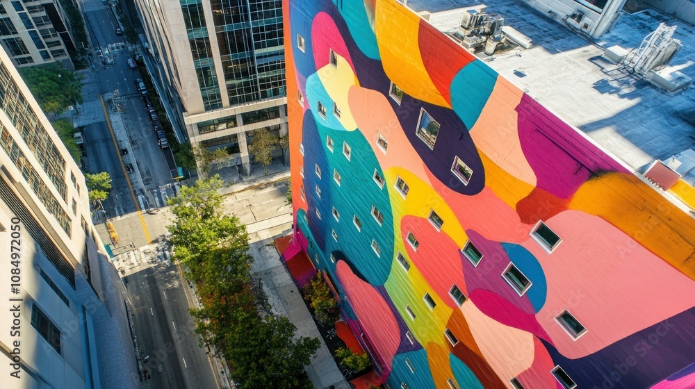 Poster an abstract mural on a building facade seen from above