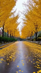 Obraz premium Autumnal Road Lined with Golden Trees
