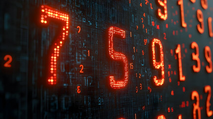 759: A Glowing Digital Number Sequence on a Glitching Data Stream.  The number 759 shines brightly with a digital glitch effect, surrounded by random numbers on a dark digital background.