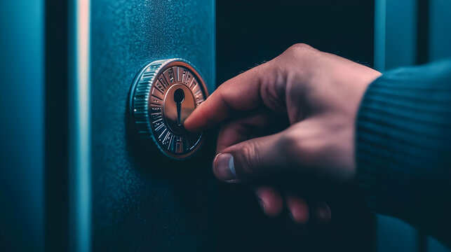 Unlocking Secrets: A hand delicately turns the dial of an antique combination lock, hinting at mystery and hidden knowledge. The dimly lit setting adds to the suspense.