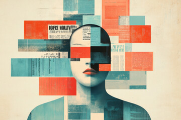 Fake News, Content Sharing. A stylized portrait featuring a woman's face partially obscured by colorful, abstract text blocks, symbolizing complexity and communication.