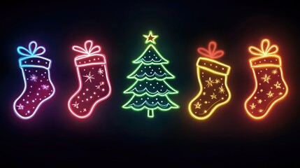 Vintage neon Christmas banner with bright neon lights in the shape of Christmas trees and stockings, set against a deep, dark background.