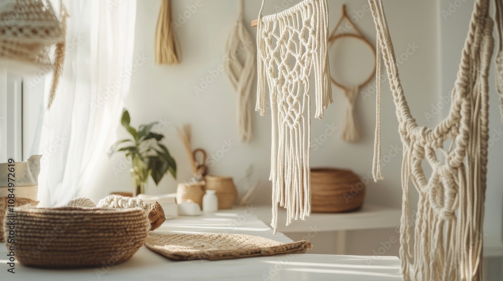 Poster A pristine macrame station with neatly arranged ropes and a clean work surface, A bright room with soft light and minimalist decor, Minimalist craft style