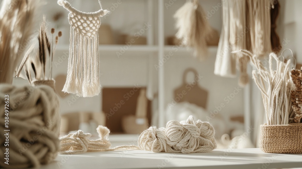 Poster A pristine macrame station with neatly arranged ropes and a clean work surface, A bright room with soft light and minimalist decor, Minimalist craft style