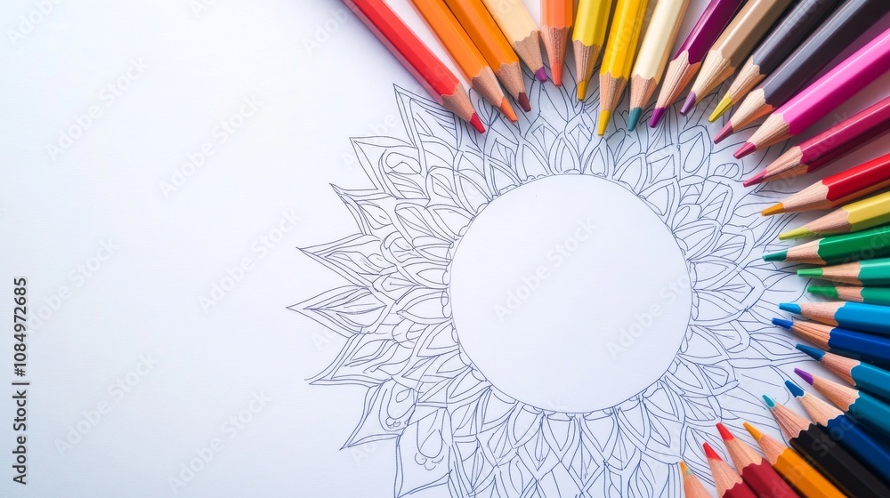 Poster a pristine mandala drawing setup with colored pencils and a blank mandala design neatly arranged, a 