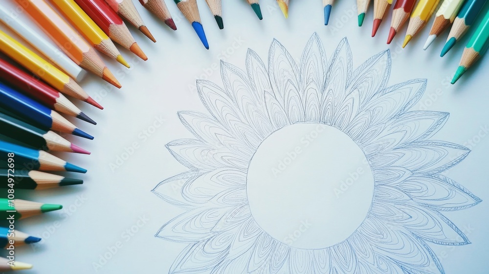 Poster A pristine mandala drawing setup with colored pencils and a blank mandala design neatly arranged, A bright workspace with clean surfaces and natural light, Minimalist artistic style