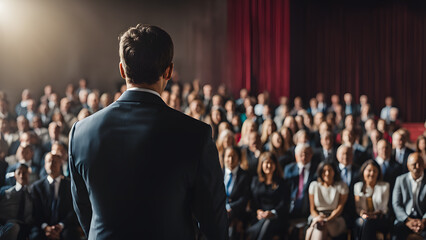 Fototapeta premium A man stands in front of a large crowd, giving a speech