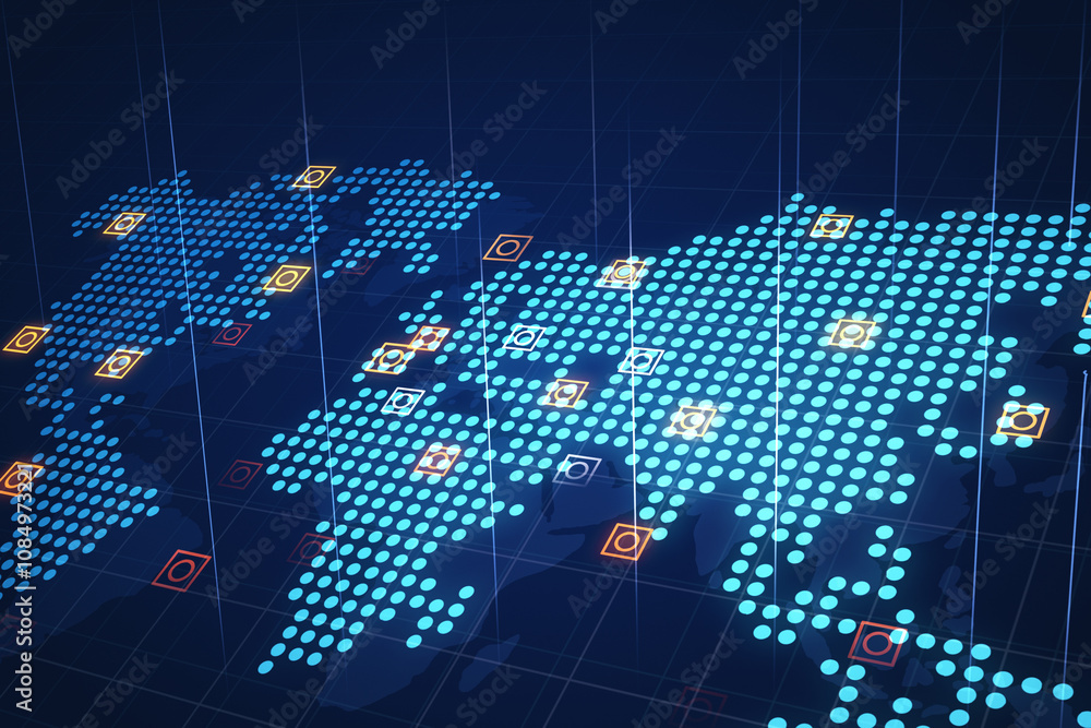 Aufkleber View from top on glowing digital world map with bright circles in squares and lines on dark blue background, data storage and social network concept. 3D rendering