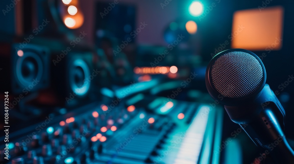 Poster a pristine music recording studio with microphones and mixing boards neatly set up, a dimly lit, aco