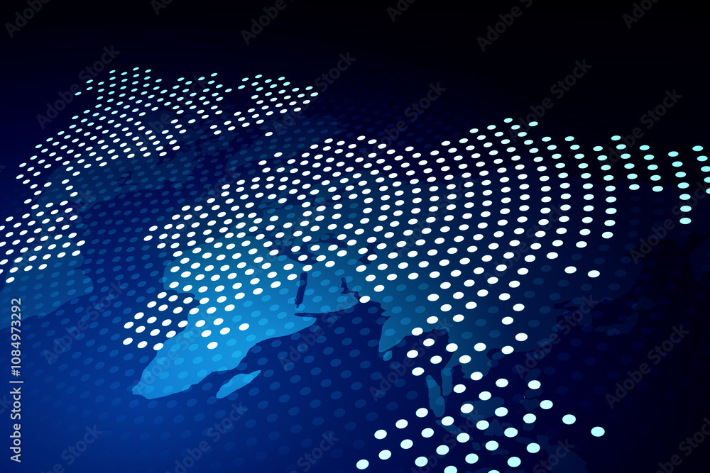 Poster view from top on digital graphic white dotted world map on abstract dark blue background, design tem