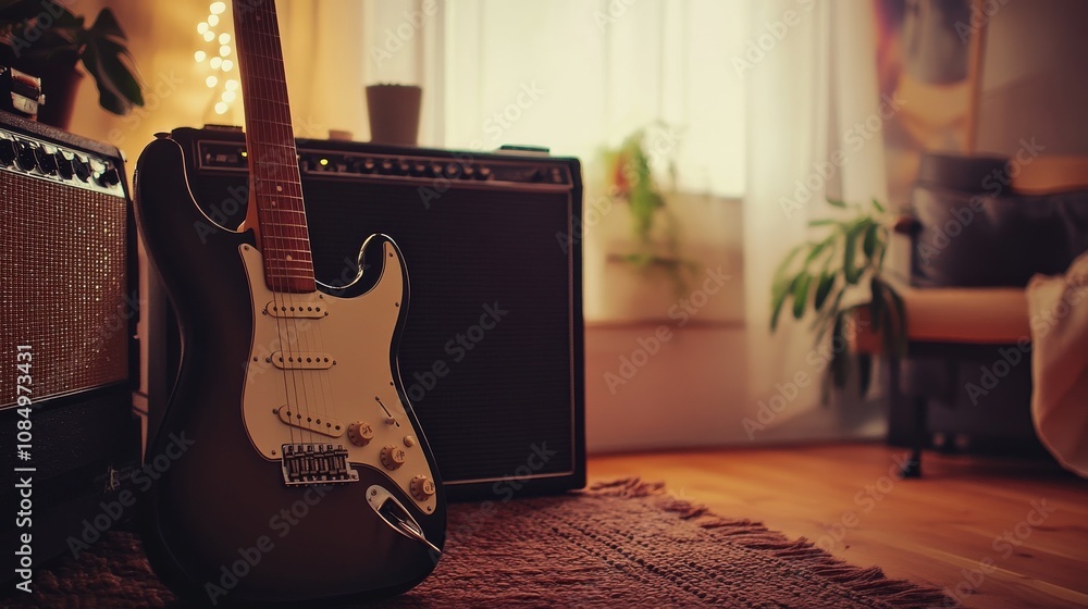 Poster a pristine musical instrument setup with a neatly arranged guitar and amplifier, a cozy room with so